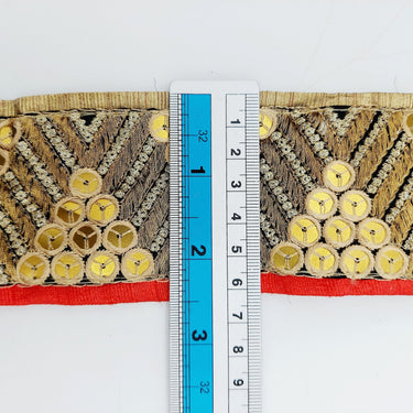Indian Sari Trim, Black Art Silk Fabric With Gold Embroidery And Red Piping, Gold Sequins